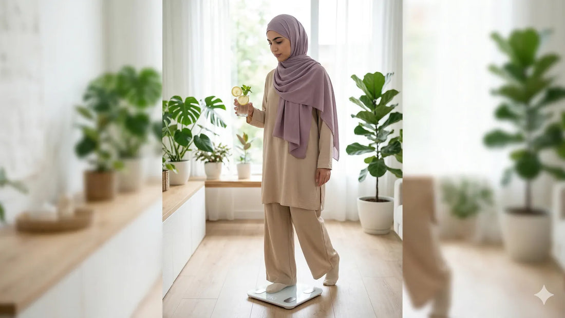 امرأة محجبة تتأمل وزنها على ميزان حديث، مما يرمز إلى مشكلة ثبات الوزن والبحث عن حل ذكي وتنشيط الحرق مع WezeMart