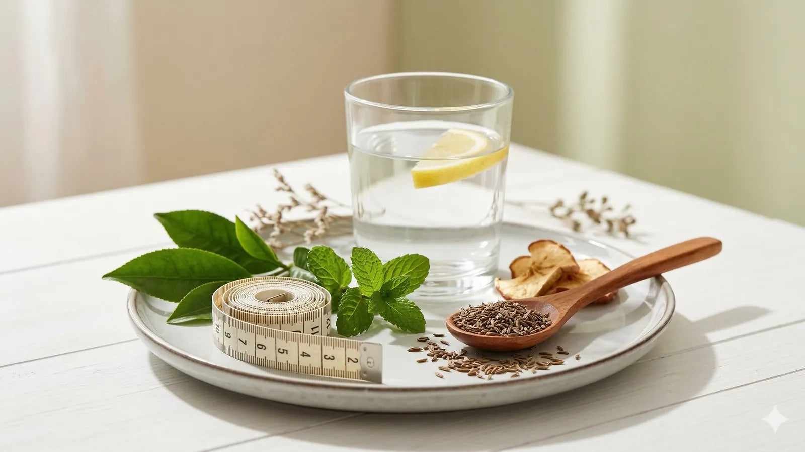 كوب ماء بالليمون مع أعشاب طبيعية وشريط قياس، لتوضيح المفهوم الصحي للفرق بين حرق الدهون وكبح الشهية في رحلة التخسيس.