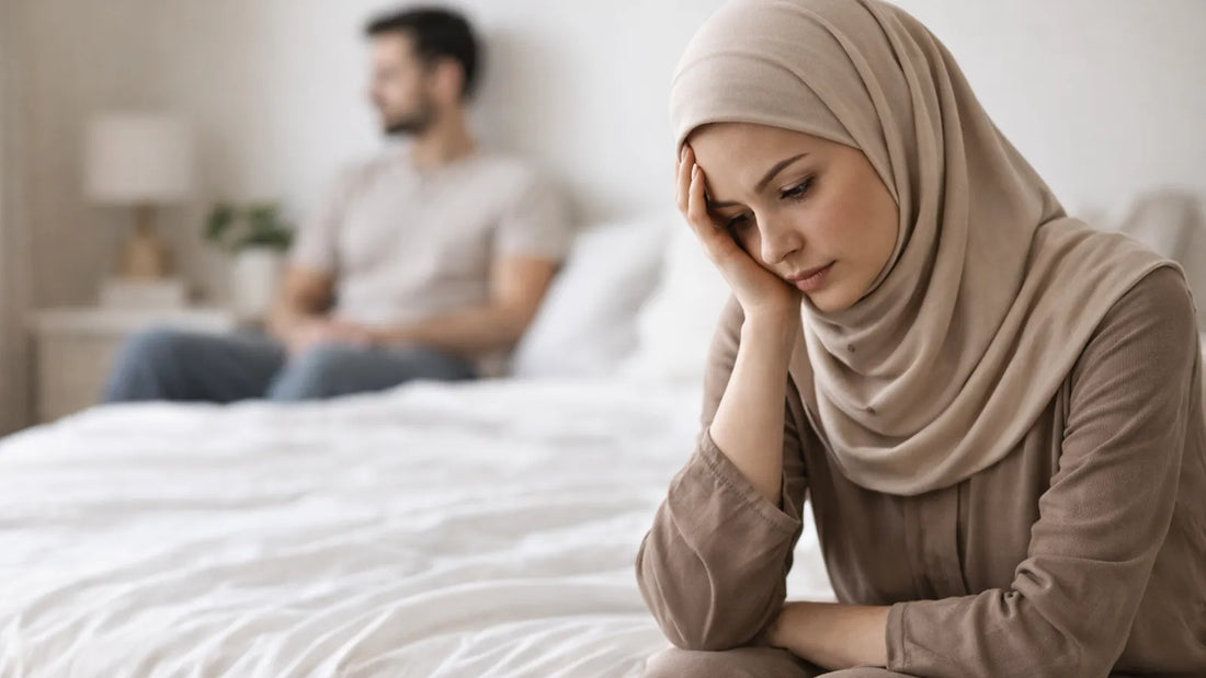 سيدة على السرير مع زوجها في الخلفية في مشهد يعبر عن انخفاض الرغبة لدى النساء وأثره على العلاقة الزوجية