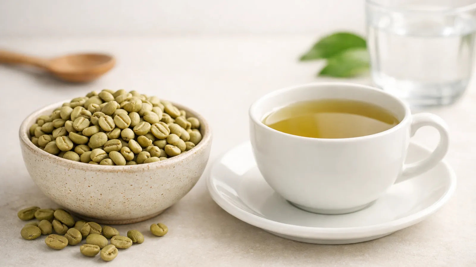 القهوة الخضراء للتخسيس وحبوب البن الأخضر بجانب كوب مشروب صحي لدعم حرق الدهون