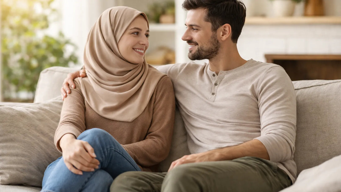 زوجان يتحدثان عن العلاقه الحميمه في المنزل في أجواء دافئة تعكس الدعم العاطفي و الحب بين الزوجين