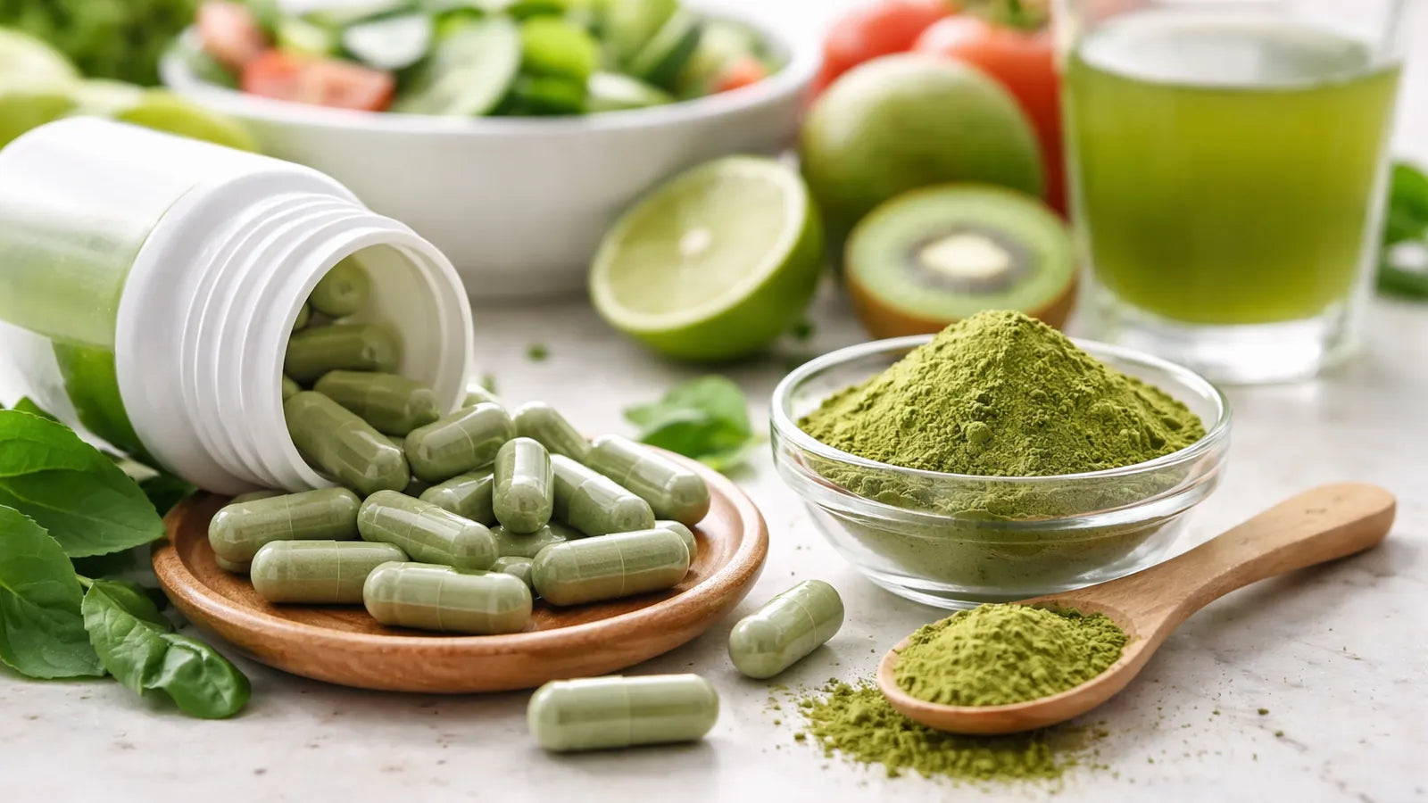 كبسولات الماتشا مع مسحوق الشاي الأخضر ومشروب صحي تدعم نمط حياة صحي وحرق الدهون بشكل طبيعي