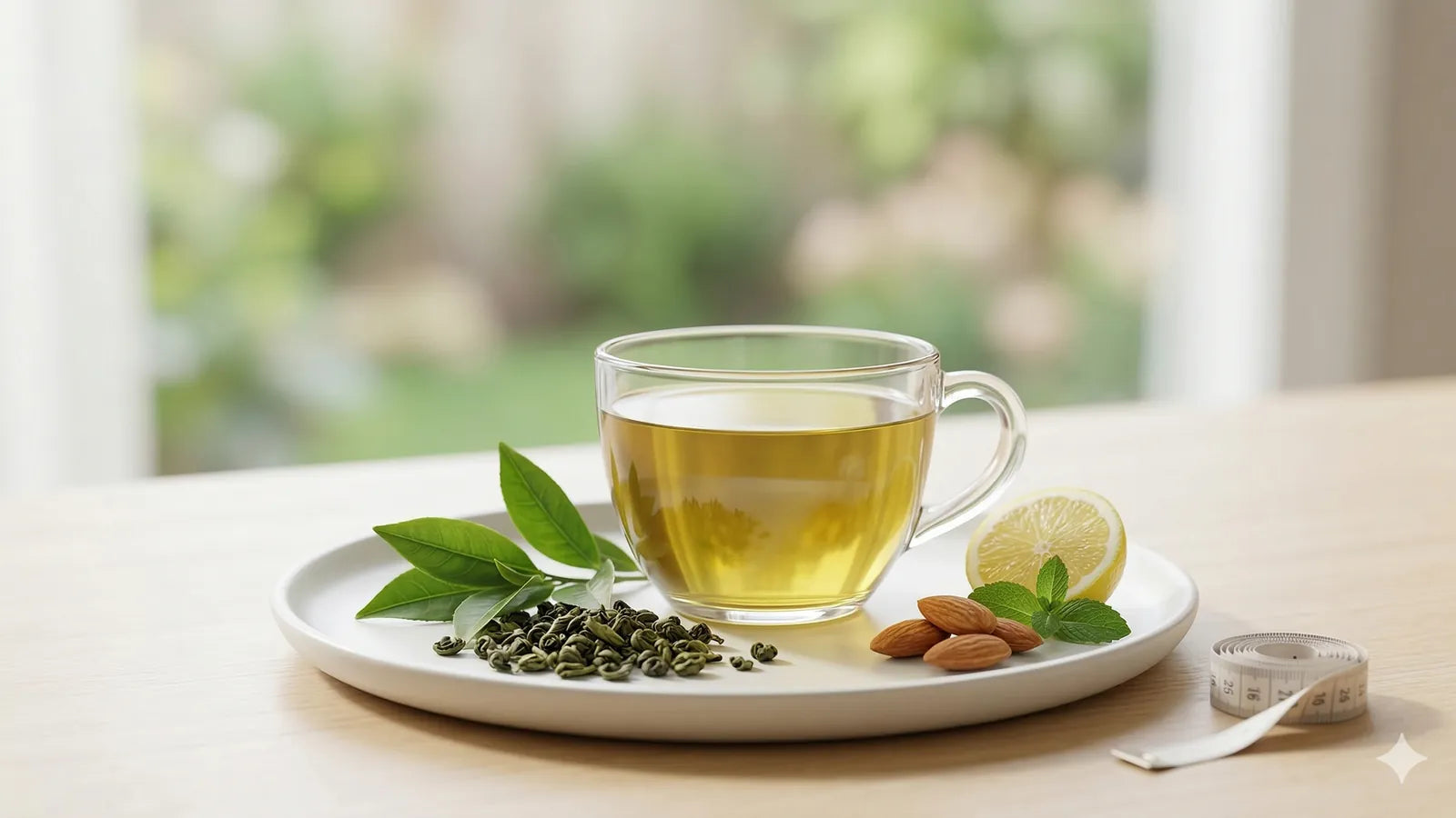 كوب من الشاي الأخضر الطبيعي الطازج مع الليمون وشريط قياس، يوضح دور المكونات الطبيعية في رفع معدل الحرق ودعم التخسيس.