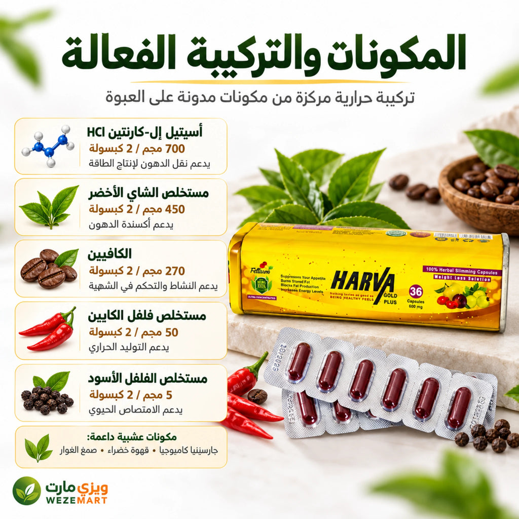 مكونات هارفا جولد بلس تشمل إل كارنتين والشاي الأخضر والكافيين وفلفل الكايين