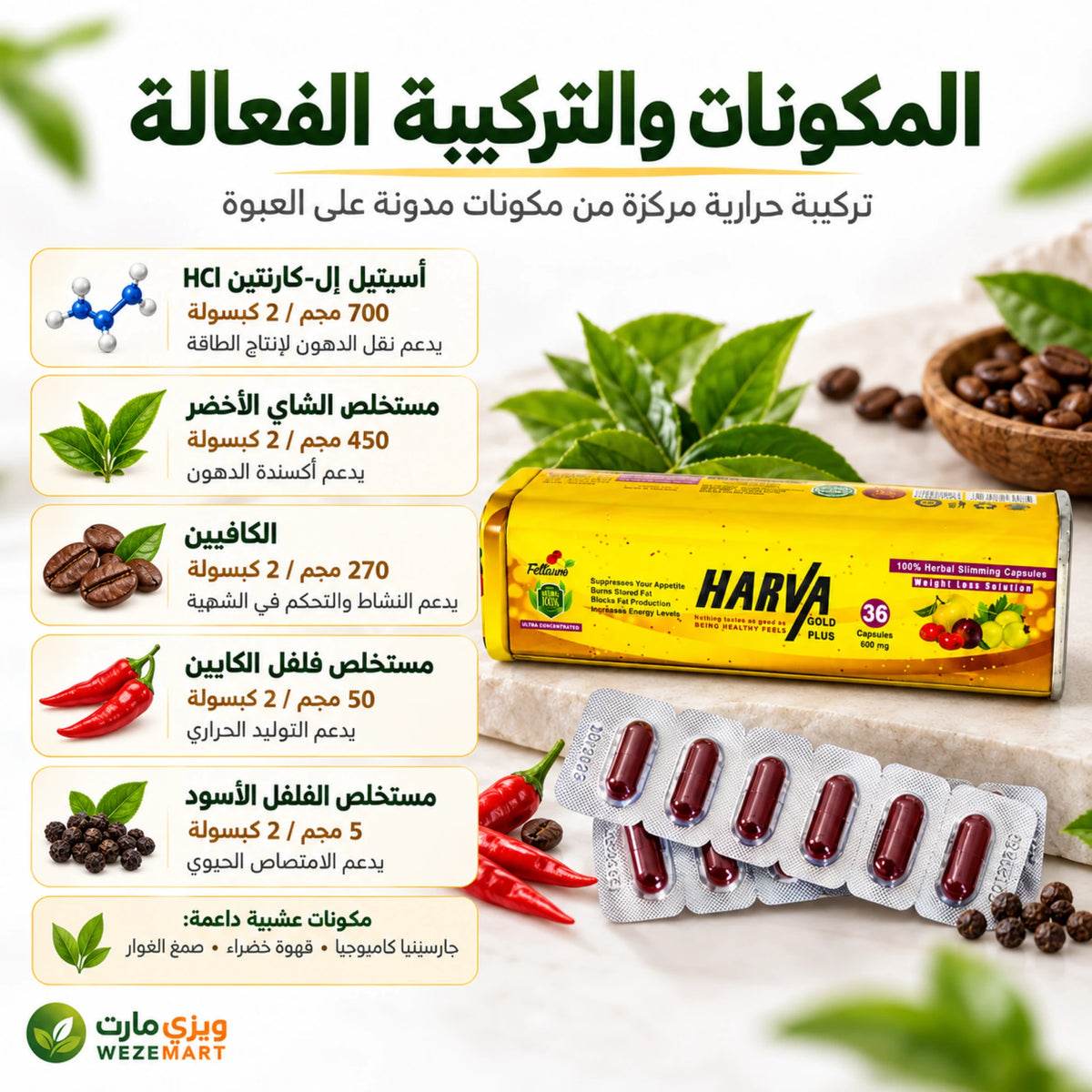 مكونات هارفا جولد بلس تشمل إل كارنتين والشاي الأخضر والكافيين وفلفل الكايين
