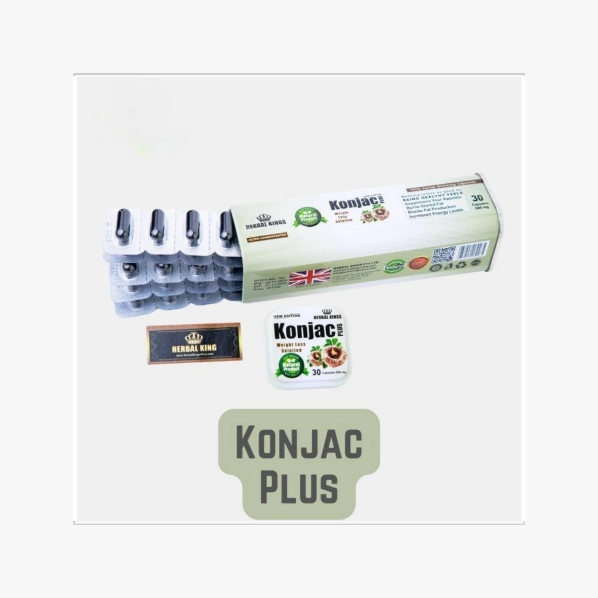 عبوة كونجاك بلس 30 كبسولة مفتوحة تظهر شرائط الحبوب الأصلية لسد الشهية