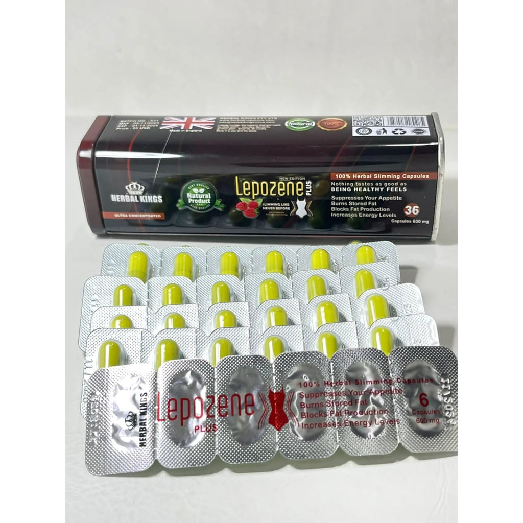 شكل عبوة ليبوزين بلس الأصلية مفتوحة مع شرائط الكبسولات الصفراء