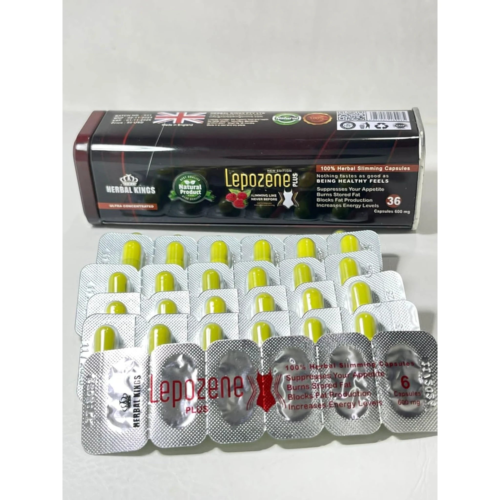 شكل عبوة ليبوزين بلس الأصلية مفتوحة مع شرائط الكبسولات الصفراء