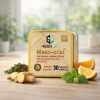 مكونات كبسولات ميزو أورال الطبيعية مثل الشاي الأخضر والزنجبيل والنعناع