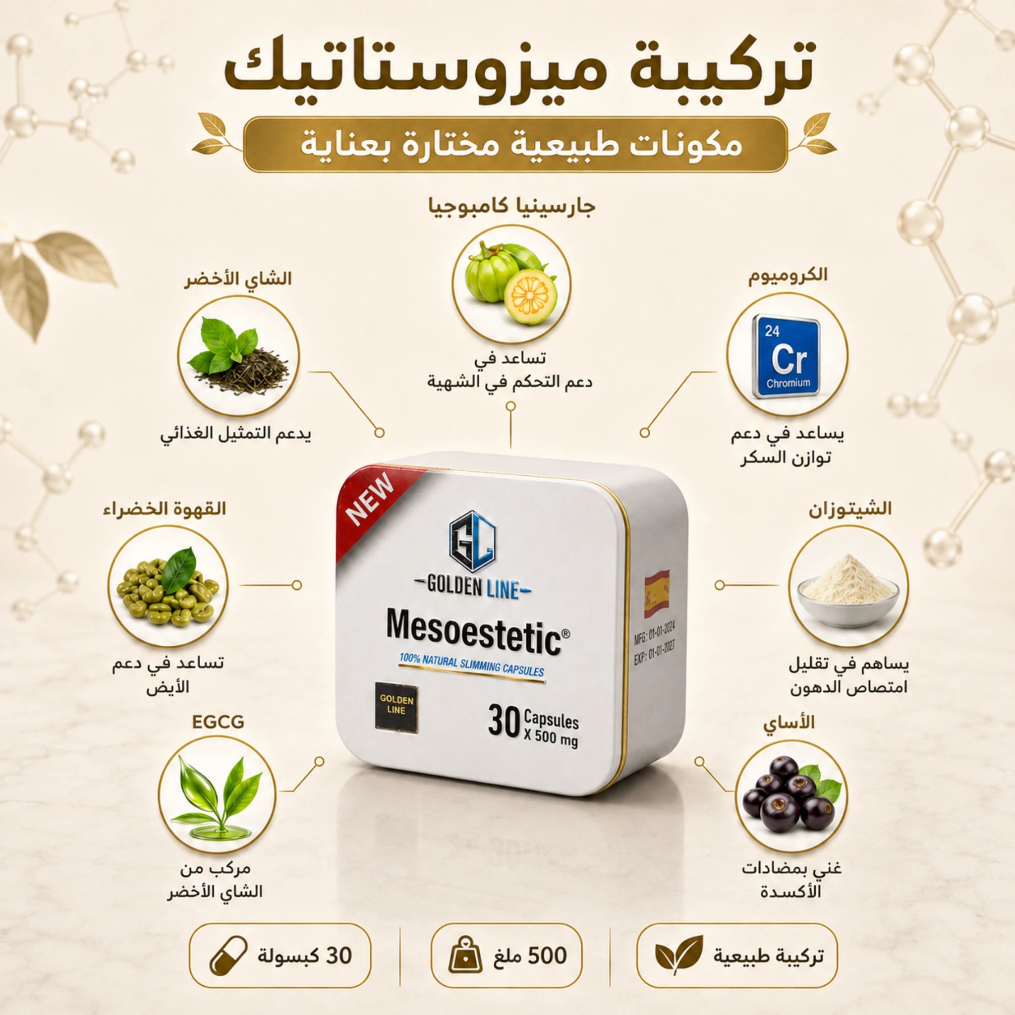 كبسولات ميزوستاتيك من جولدن لاين تحتوى على الشاي الأخضر والكروميوم والقهوة الخضراء