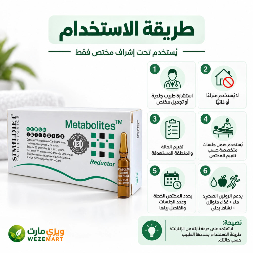 طريقة استخدام امبولات ميتابوليتس Simildiet للاستخدام الخارجي والمهني تحت إشراف مختص