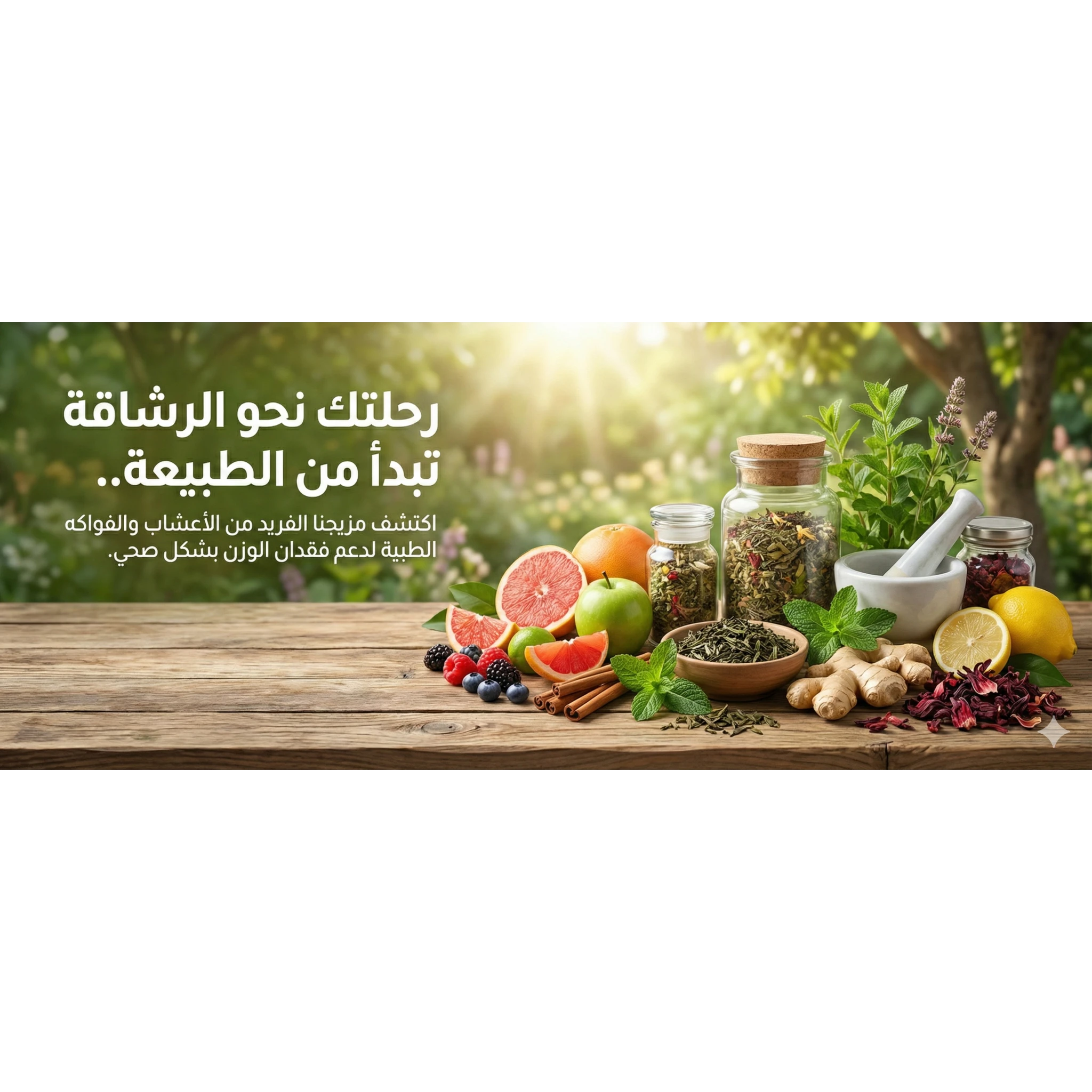 بنر يجمع بين الأعشاب الطبية والفواكه الطبيعية الطازجة لدعم فقدان الوزن والتخسيس الصحي الآمن