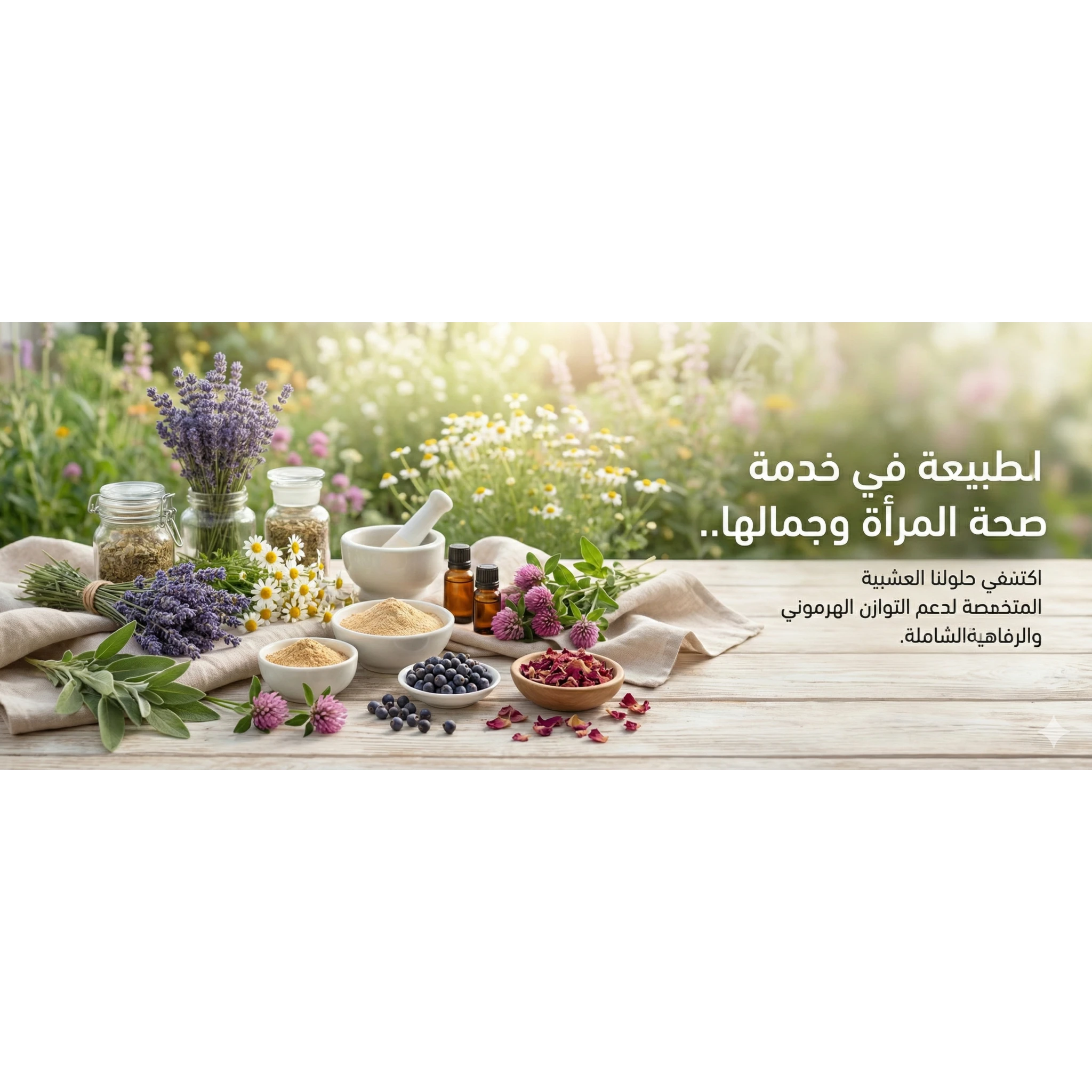 خلفية طبيعية من الأعشاب والزهور لدعم صحة المرأة، التوازن الهرموني، والجمال الطبيعي