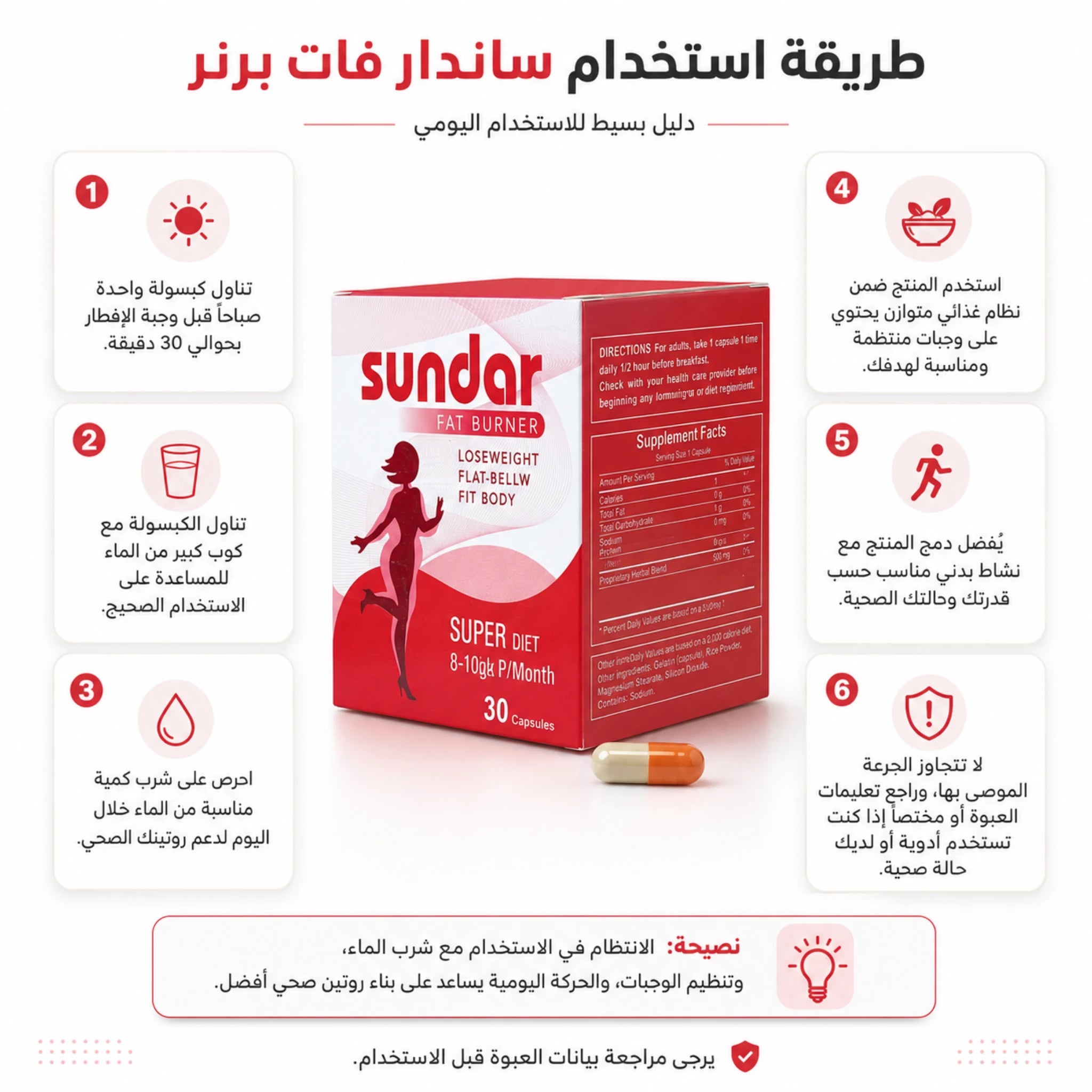 طريقة استخدام كبسولات ساندار فات برنر قبل الإفطار مع الماء وفق تعليمات العبوة