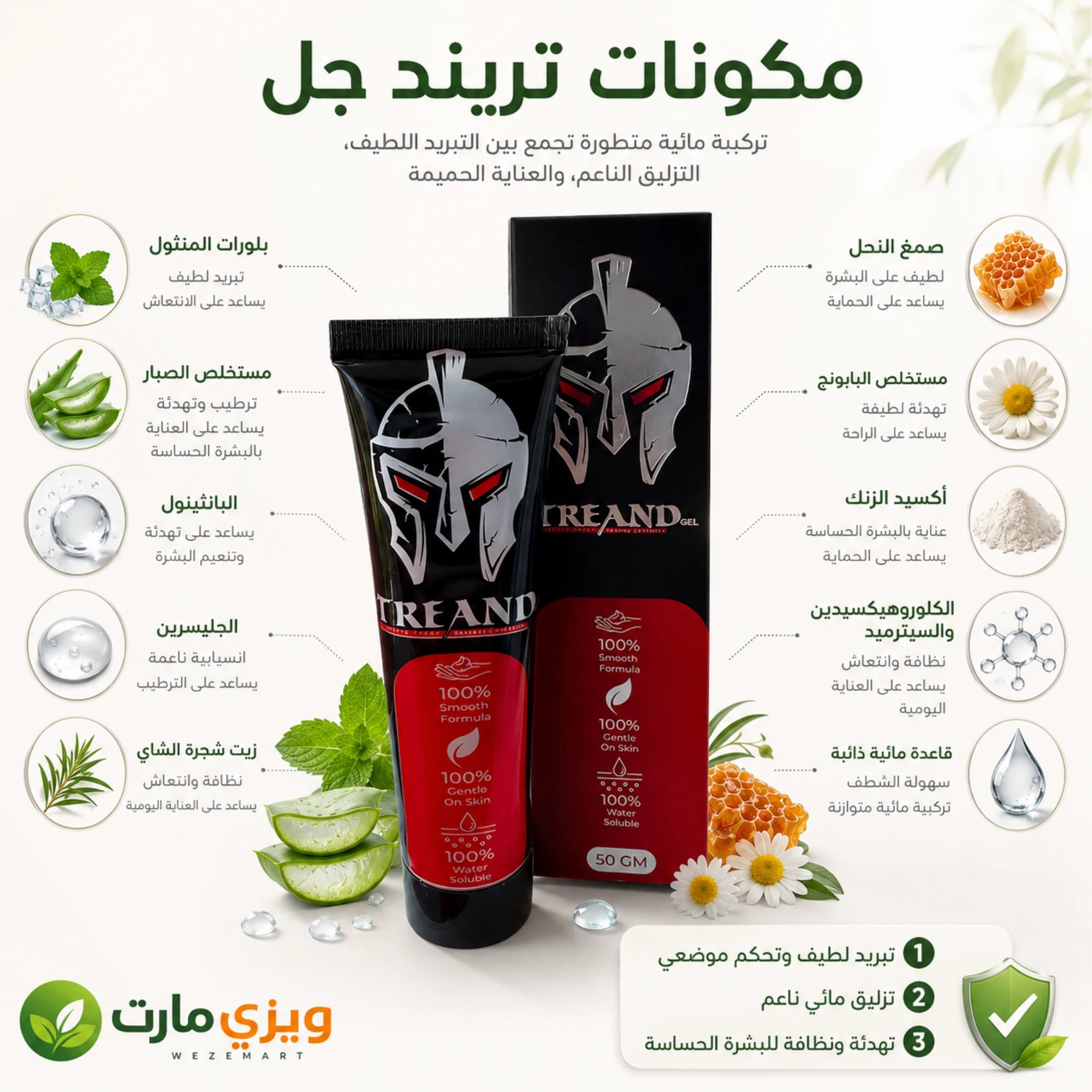 مكونات تريند جل لتاخير القذف للرجال تشمل المنثول والصبار والبانثينول والجليسرين وزيت شجرة الشاي