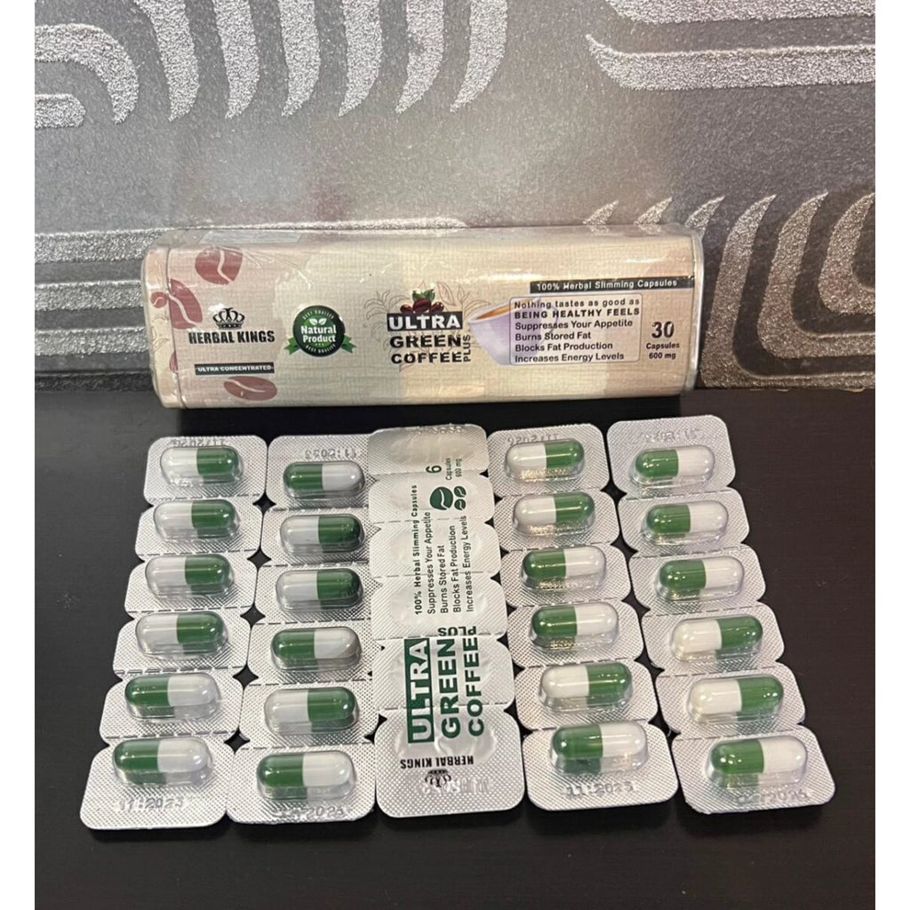 العبوة الأمامية لكبسولات الترا جرين كوفي من هيربال كينج لدعم فقدان الوزن وزيادة الحرق